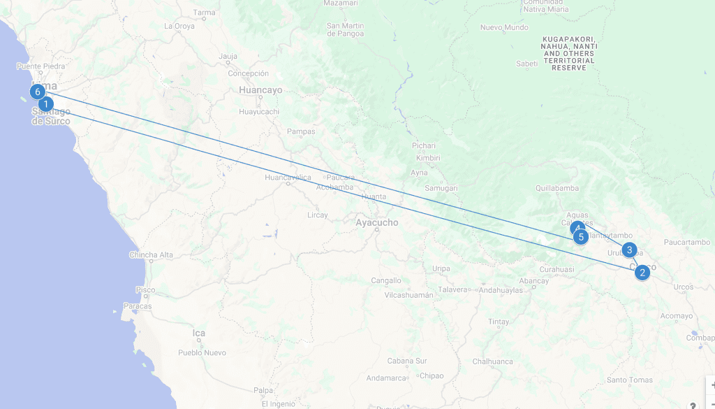 7 Day Lima to Machu Picchu Map